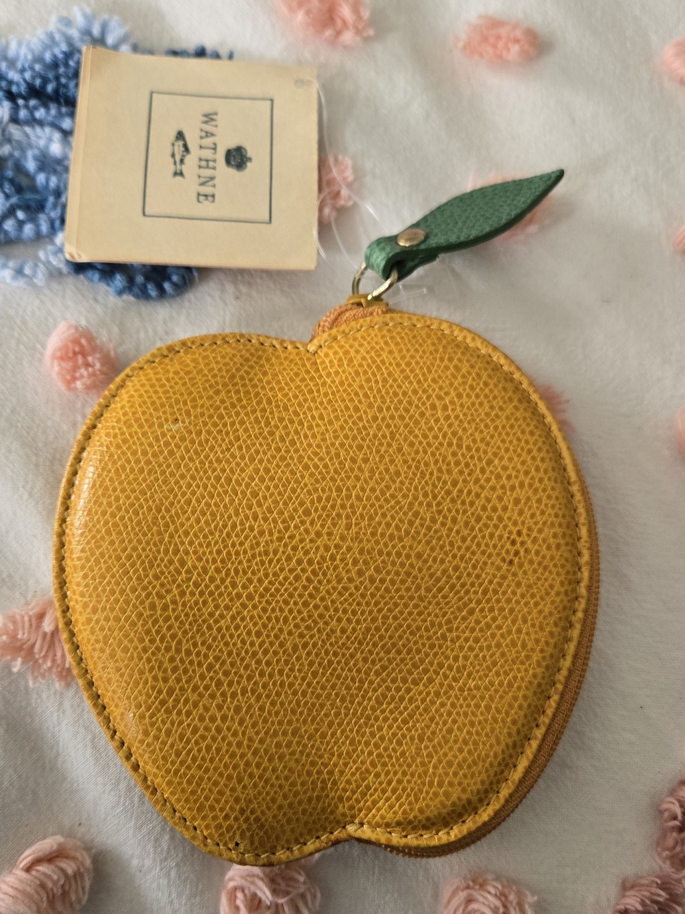 Wathne Yellow Apple Coin Purse with Green Leaf Zipper Tab
